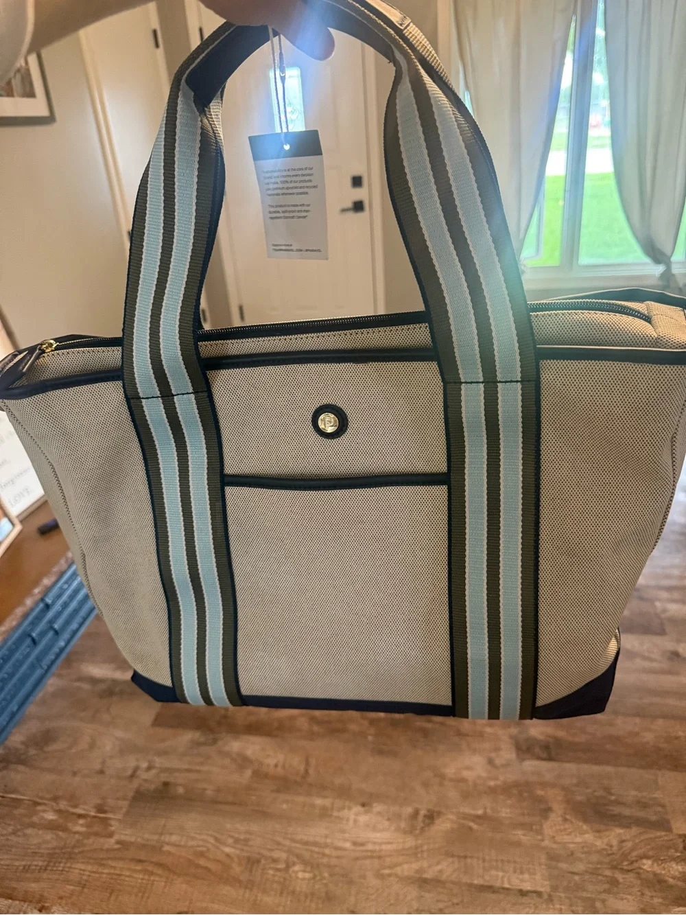 Paravel Medium Cabana Tote Cream Blue Canvas Stripe Travel Beach Market  NWT